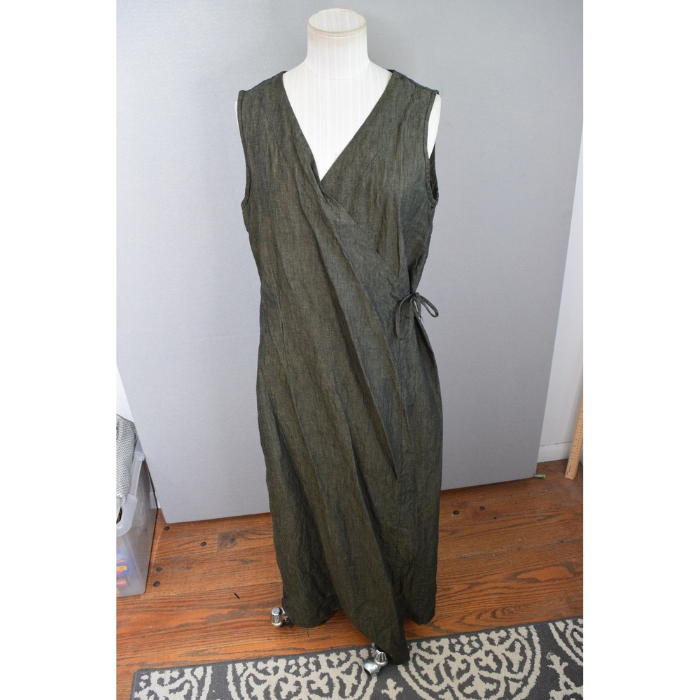 Bryn Walker Wrap Dress Medium Olive Green 100% Linen Maxi Sleeveless Legenlook